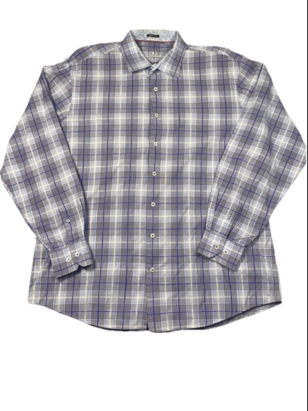 Bugatchi Men’s White Blue Checkered Button Down Dress Shirt Classic Fit XXL